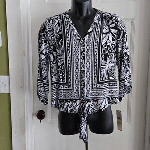 Ruby Rd Petite Pattern Play Print Button up w/Front Tie Blouse Women PM